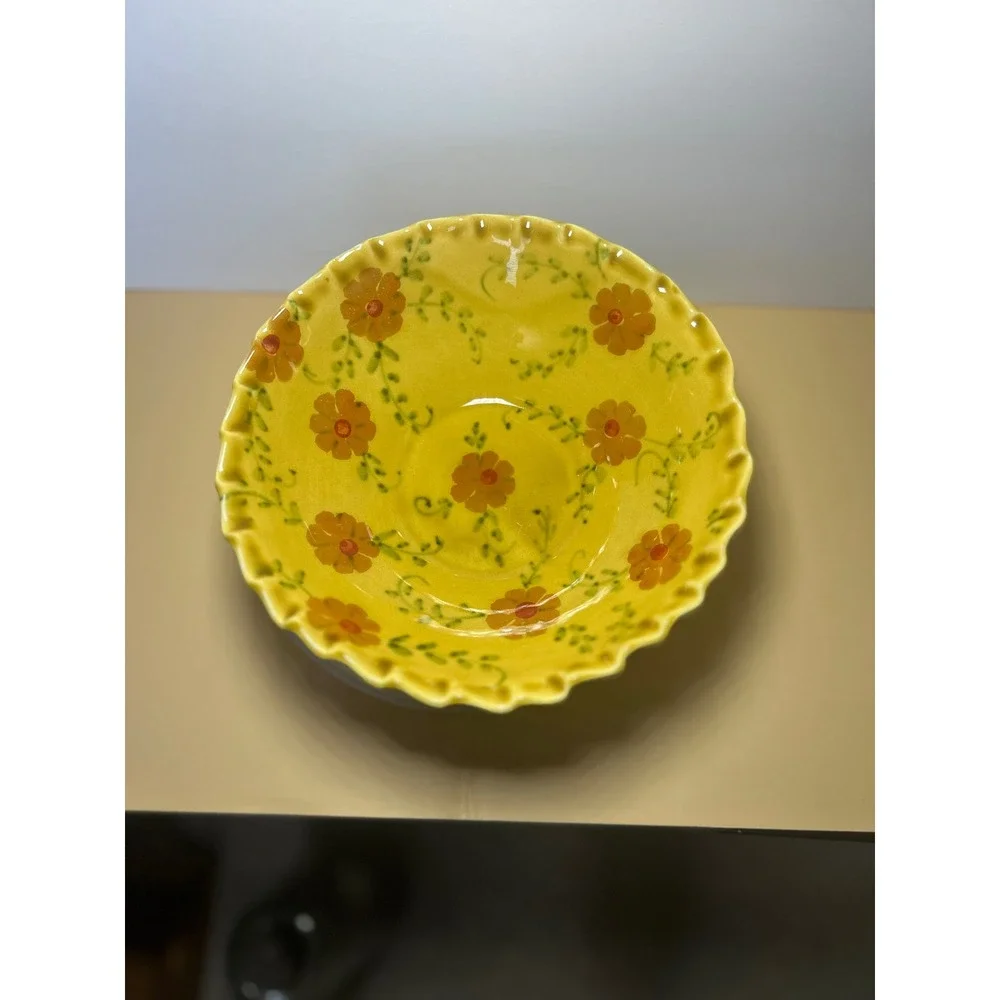 Sur La‎ Table Yellow Floral Ceramic Serving Bowl Scalloped Rim Made in Italy